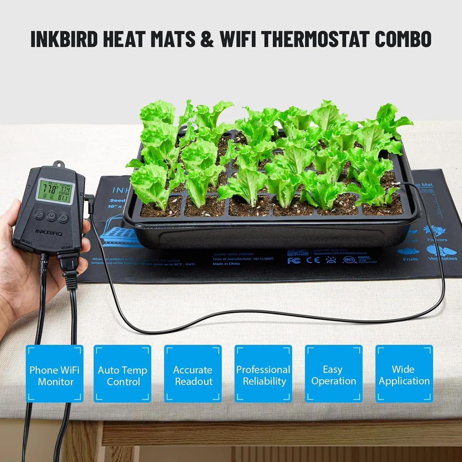 INKBIRD US Plug Seedling Heating Pad with Wifi Temperature Controller Combo IPT-2CH Smart Thermostat with 2 Outlets and 2 Probes