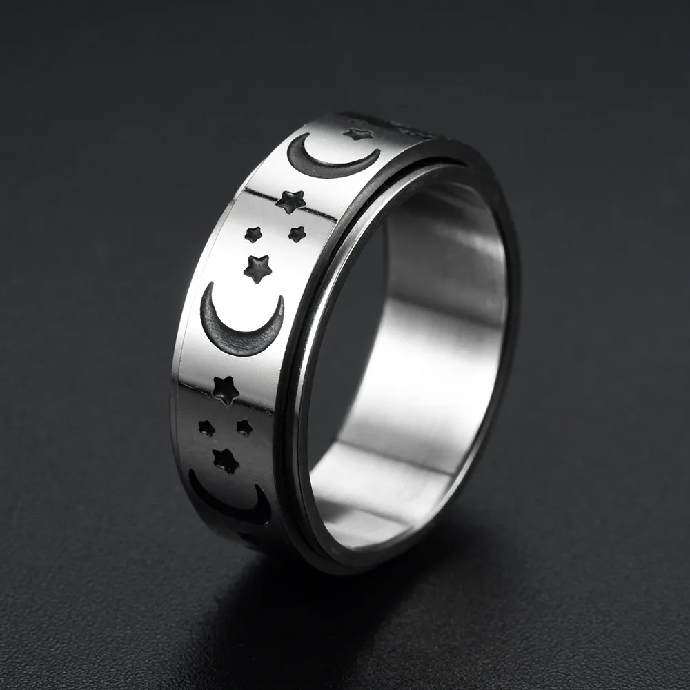 Anti Stress Ring Man Stainless Steel Star Moon Rotating Anxiety Relief Control Fidget Spinning Vintage Rings Anillo Hombre