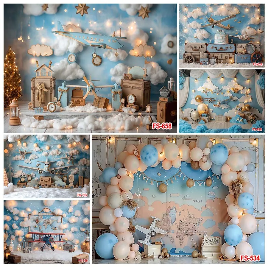 Birthday Backdrop Wooden Toy Airplane Adventure Awaits Photography Background Pilot Aircraft Travel Suitcase Banner Kids Boys