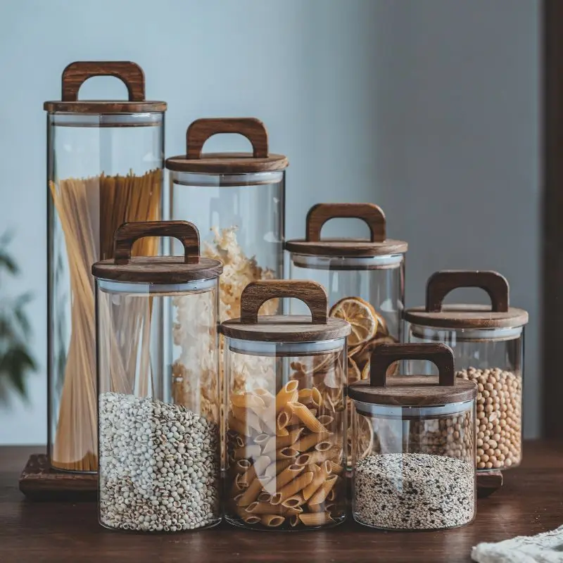 Japanese Style Kitchen Multigrain Coffee Bean Glass Sealed Storage Jar Large Capacity Wooden Lid Storage Jar Pasta Glass Bottle