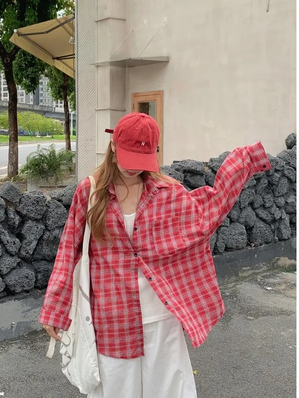 

Женская красная клетчатая рубашка больших размеров с длинным рукавом, свободного кроя, модный осенний топ в корейском стиле, для повседневной носки, с завышенной талией