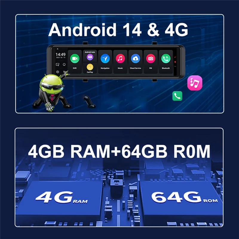 GROCE-Dash Cam Carplay Sem Fio Para Android Auto 4G Para Android 14.0 8 Core Carro DVR ADAS Espelho Link 5G Wifi Bluetooth