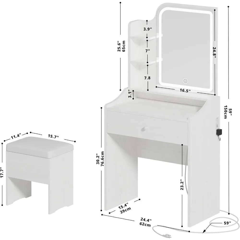 Small Makeup Vanity Desk with Mirror and Lights, Vanity Table Set with Storage Drawer, Chair and Three Shelves