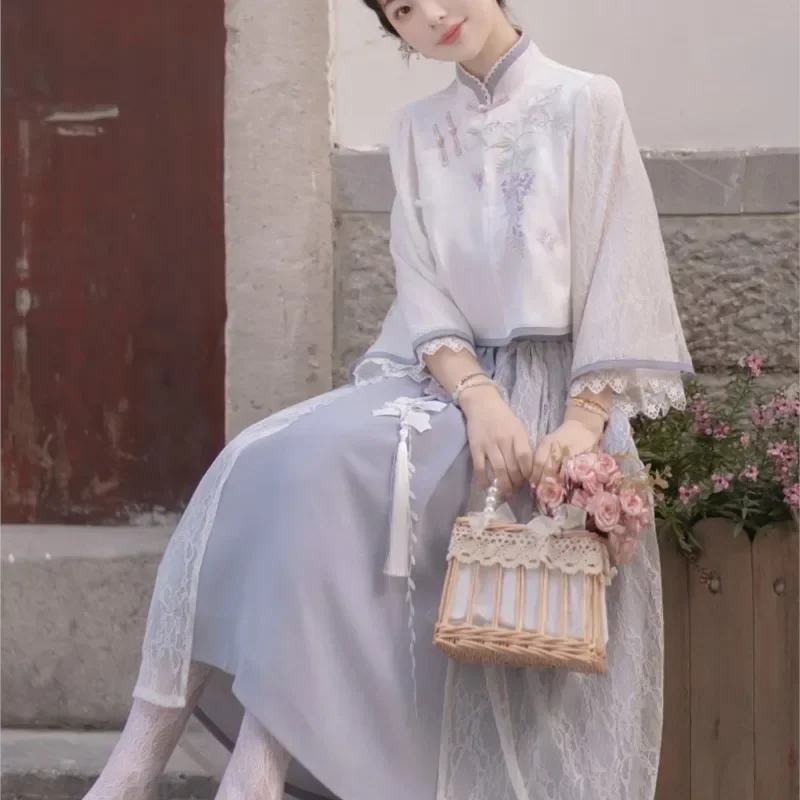 Hanfu rok setengah atas Cina, perbaikan gaya kuno baru Qipao gaun Hanfu Set 2 potong