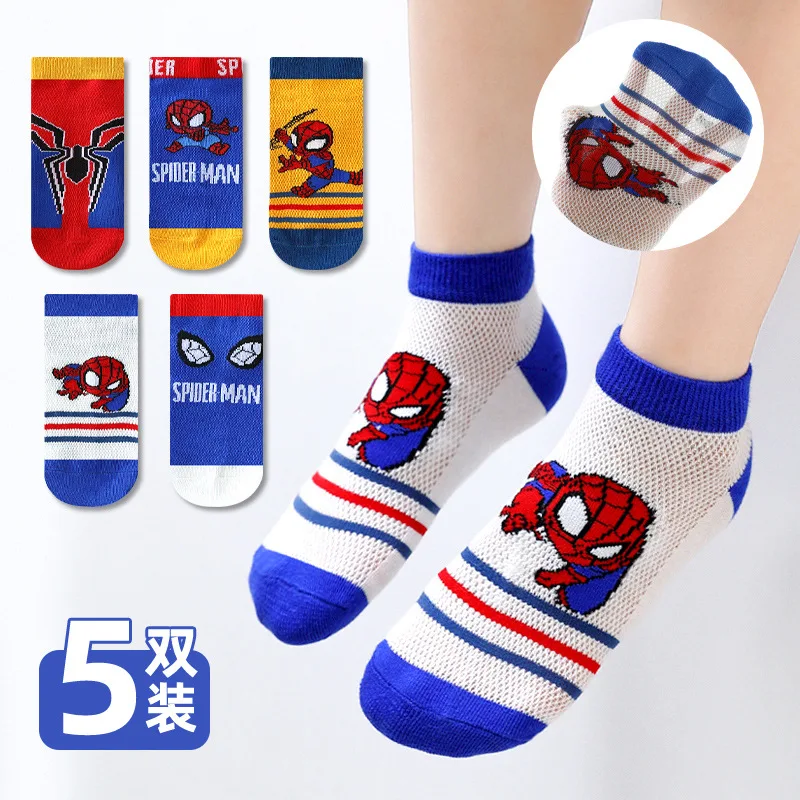 5-parowe nowe skarpetki dziecięce Marvel Kawaii Mesh Oddychające cienkie skarpetki letnie Kreskówka Spider-Man Dziecięce krótkie bawełniane skarpety dla chłopca