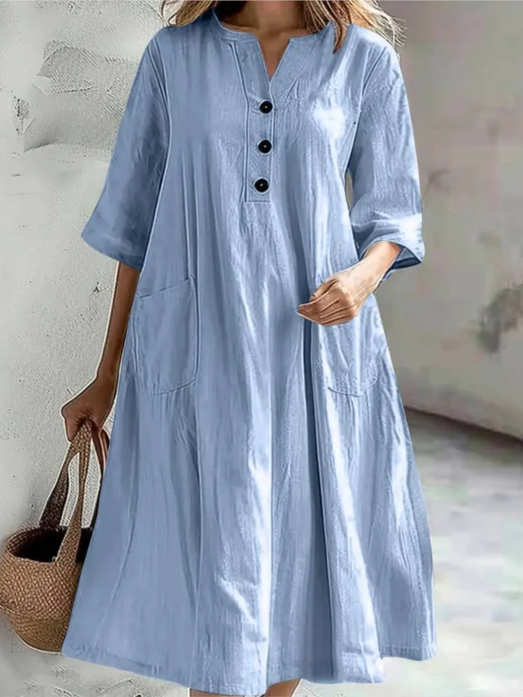 

Casual Loose Cotton Long Dress Women Spring Summer 2025 Fashion Half Sleeve V-Neck Pockets Dresses Elegant Party Robe Females