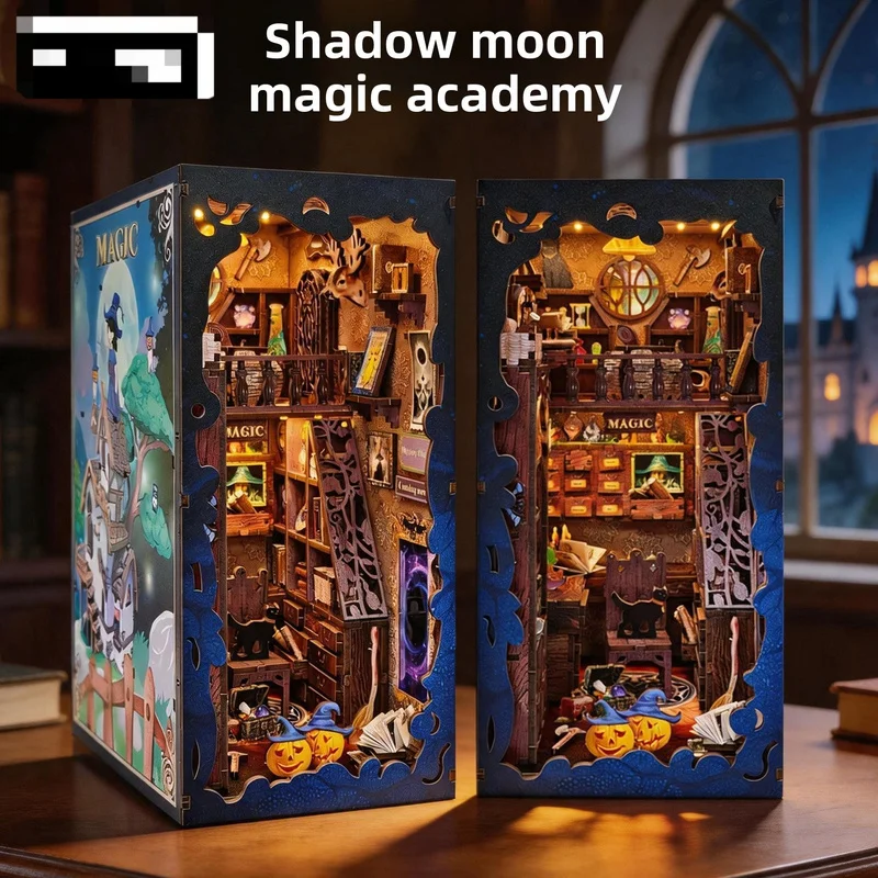 3D Wooden Puzzle Miniature Scene Model DIY Bookends Shadow Moon Magic Academy Educational Toy Home Decor