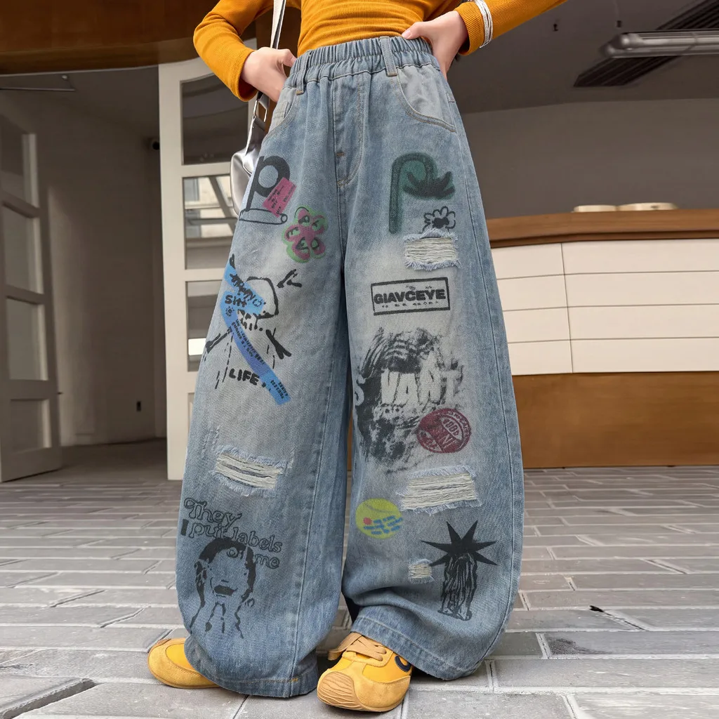 Cool Girls Ripped Jeans Vintage Cartoon Print Street Style Autumn Children Wide Leg Pants 2026