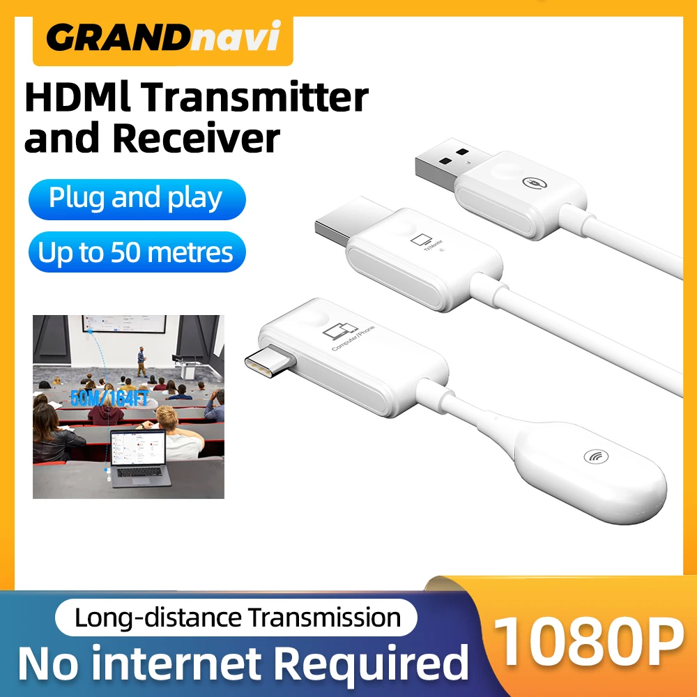 

Grandnavi Wireless Type C to HDMI Transmitter Receiver Wireless Extender Kit 50M Audio Transmit for TV Camera Projector Phone