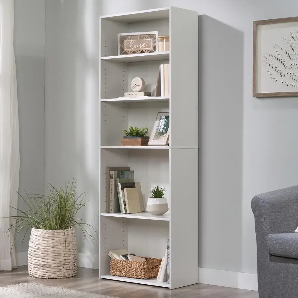 Adjustable Wood Bookcase 5 Shelves Soft White Storage Display Organizer Flexi Home Shelving Oak Look Classic Wood Finish