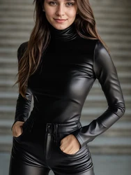 Women Turtleneck PU Leather Tops High Street Skinny Long Sleeve Casual Faux Leather PU T shirts Blouse Minimalist Tee Tops