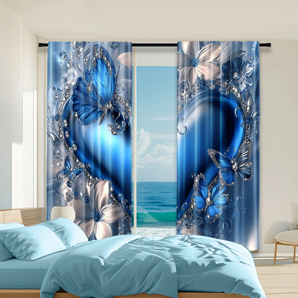

2Pcs Blue Heart Butterfly Window Curtain Rod Pocket Curtain Perfect For Bedroom Office Kitchen Living Room Study Home Decor_ai13