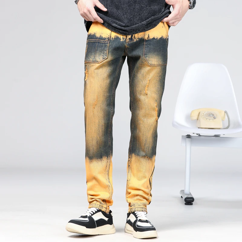 

2024 New Spring and Autumn Jeans for Men's High Street Nostalgic Splicing Straight Elastic distressed PATCHWORK Cargo Jeans