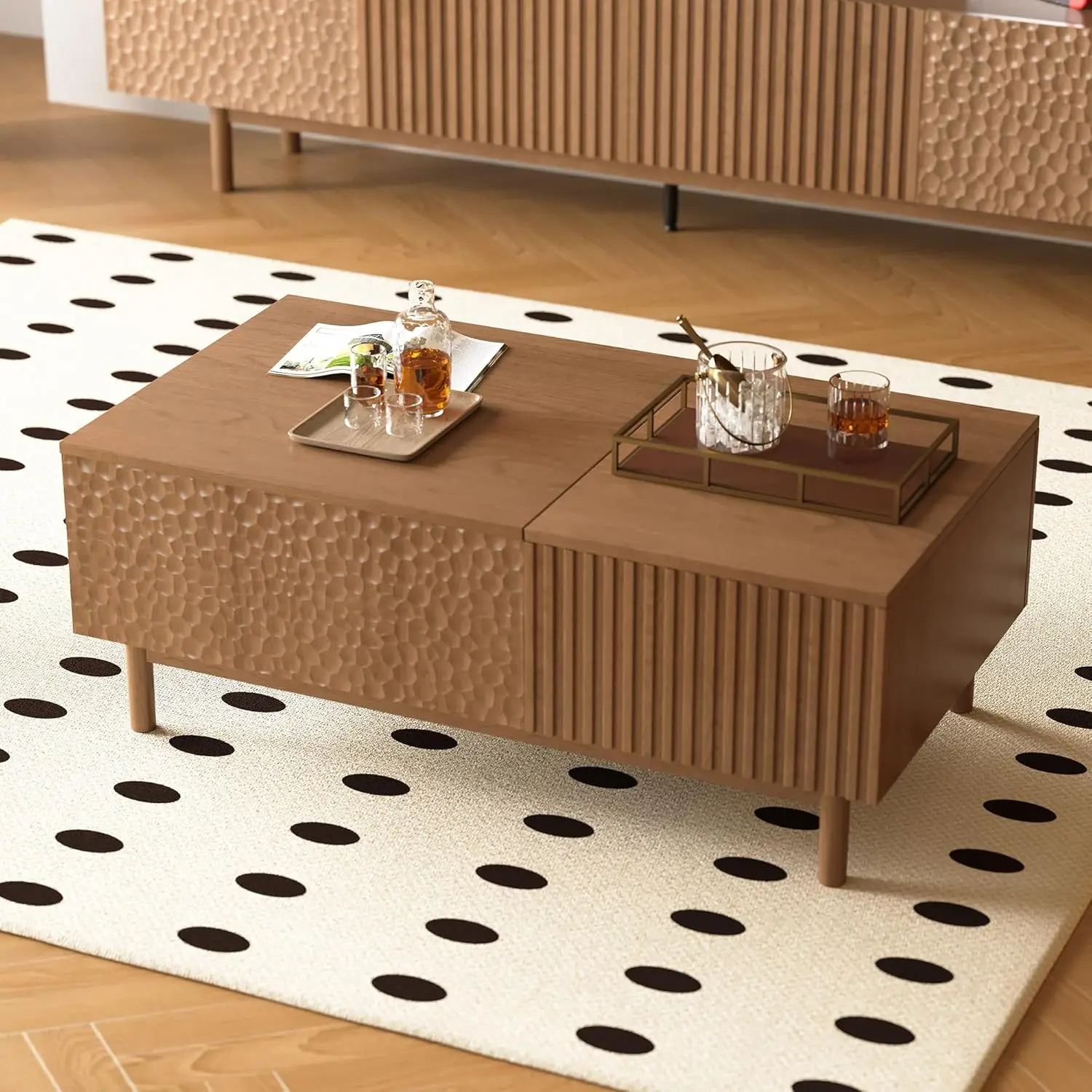 51.1" Mid-Century Modern Lift Top Coffee Table, Walnut Rectangular Center Table With Hidden Storage, Drawers & Sturdy Wooden Leg