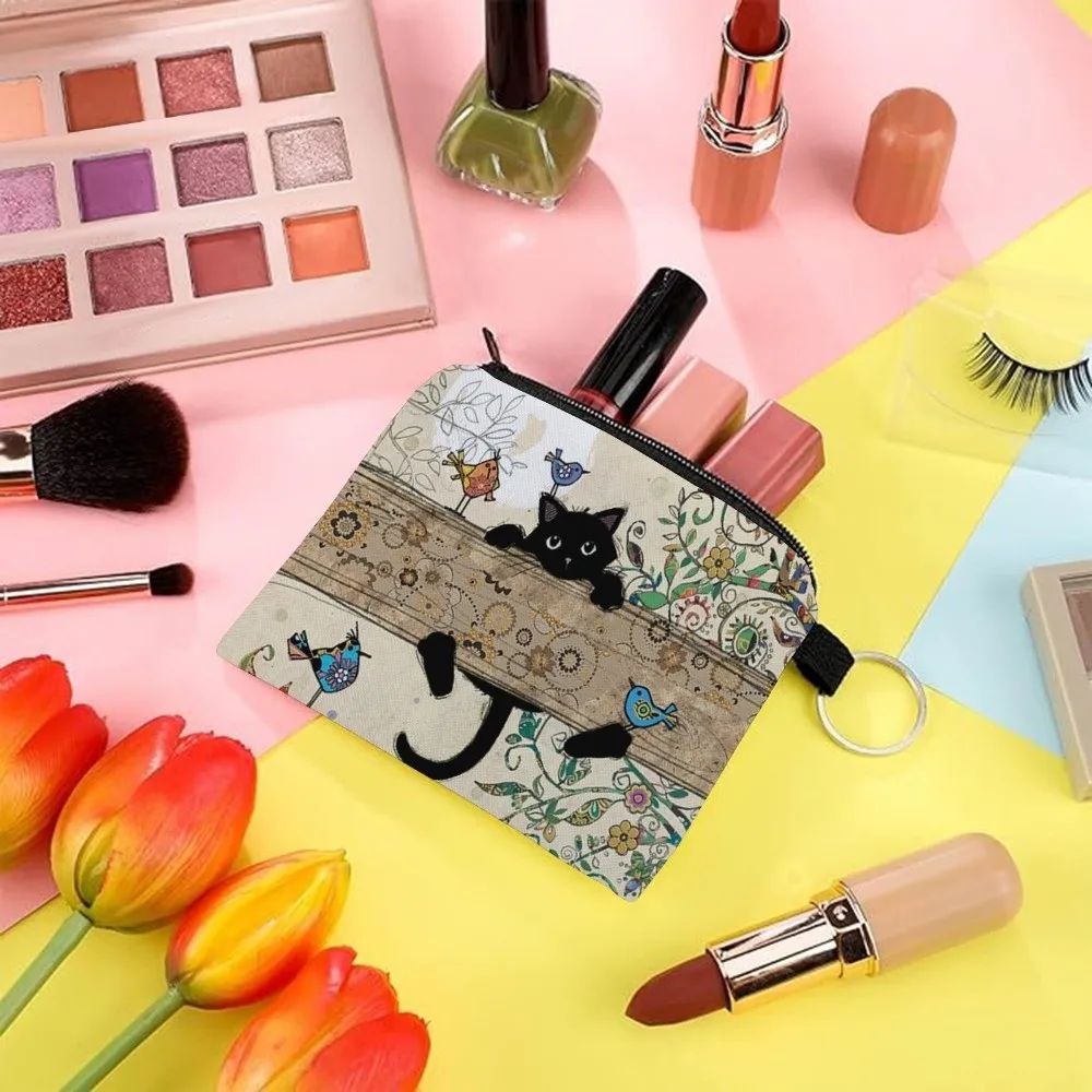 

Новый кошелек для монет с принтом кошки, полиэстеровый квадратный кошелек-брелок на молнии, портативный маленький кошелек