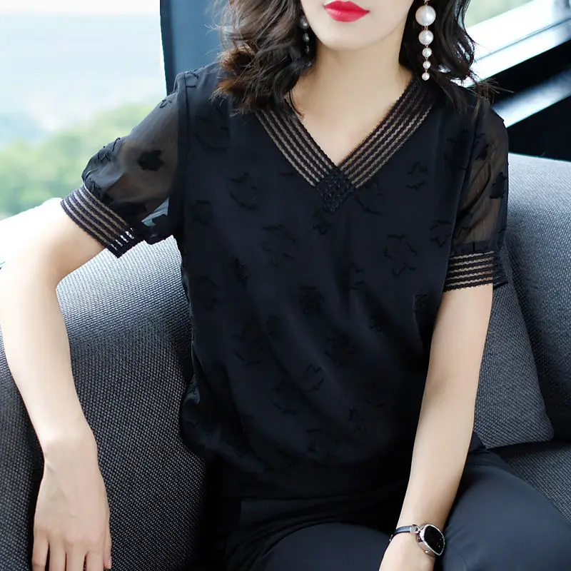 

Splicing Short Sleeve V-neck Chiffon T-shirt for Women Summer New High-end Loose Temperament Elegant Tops Fashion Women Clothing
