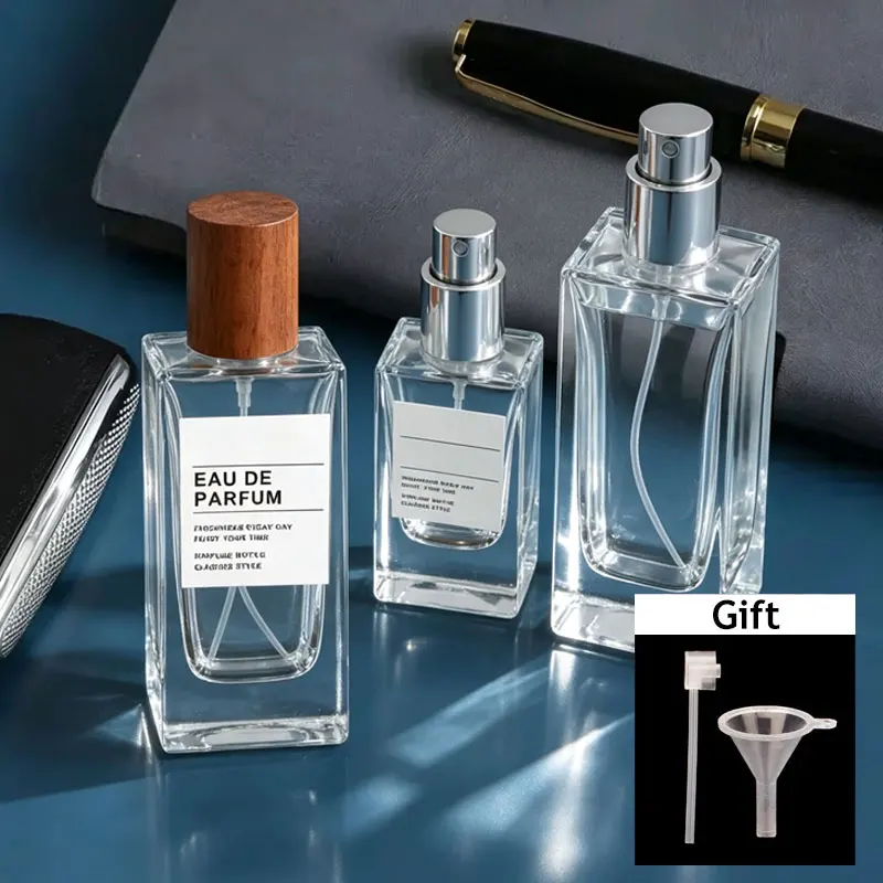 Flacons vaporisateurs de parfum vides en verre 30/50 ml avec couvercle en bois de hêtre, rechargeables, portables, pour voyage, flacons cosmétiques