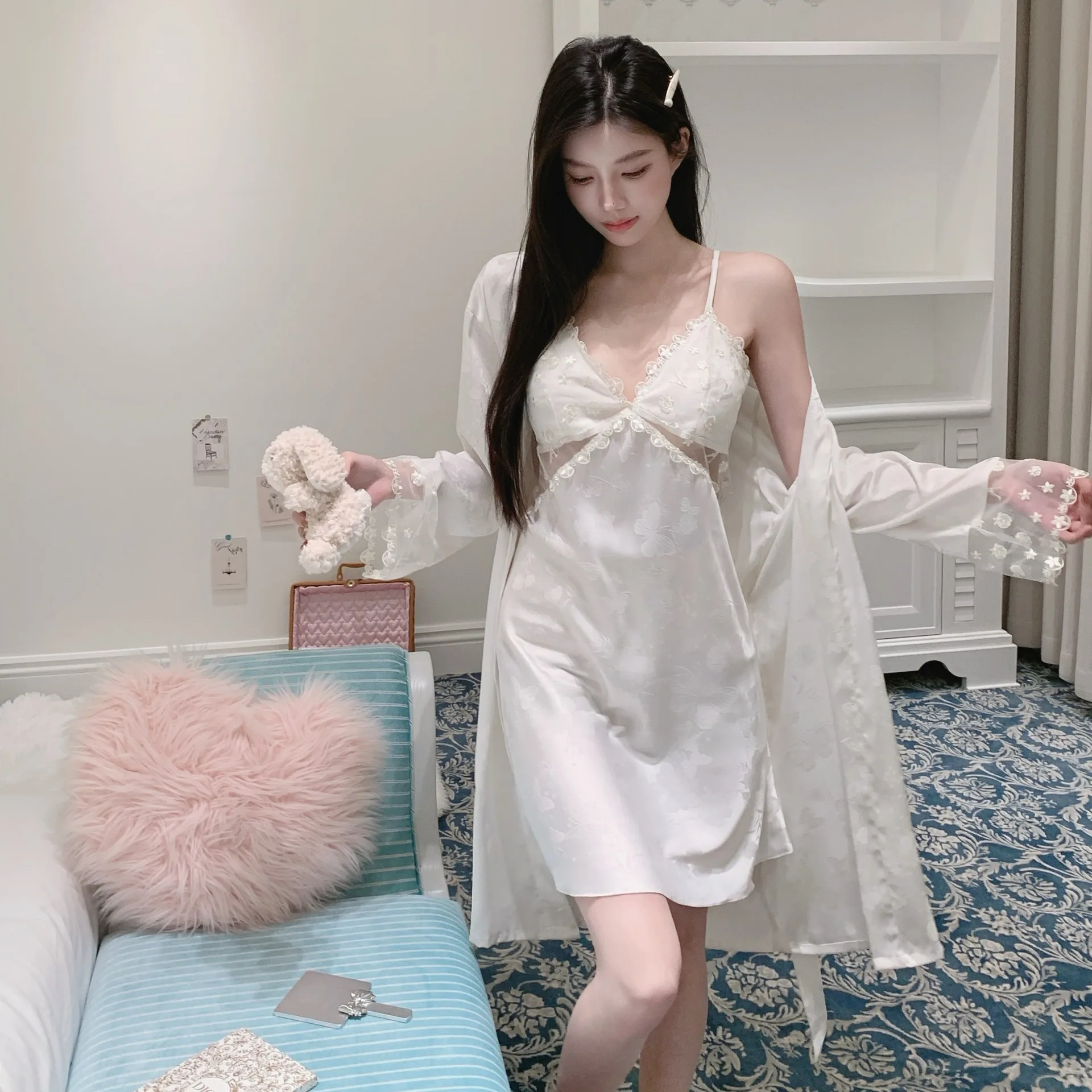 2Pcs Robe Set Women Red Lace Patchwork Nightdress Luxury Vestidos De Novia Home Dressing Gown Satin Kimono Bathrobe