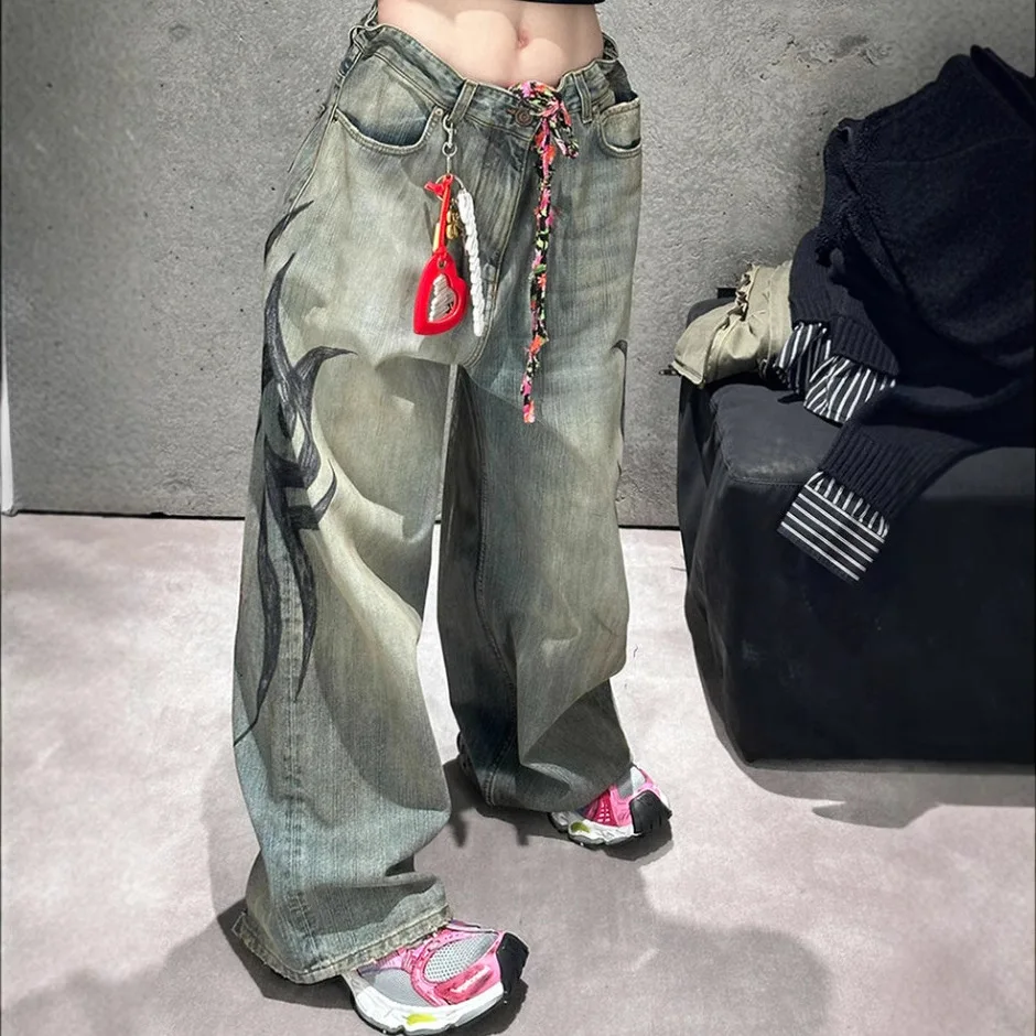 printed denim girls' high street flapper style slim-fit wide-leg pants that are versatile and suitable for casual wear, with flo