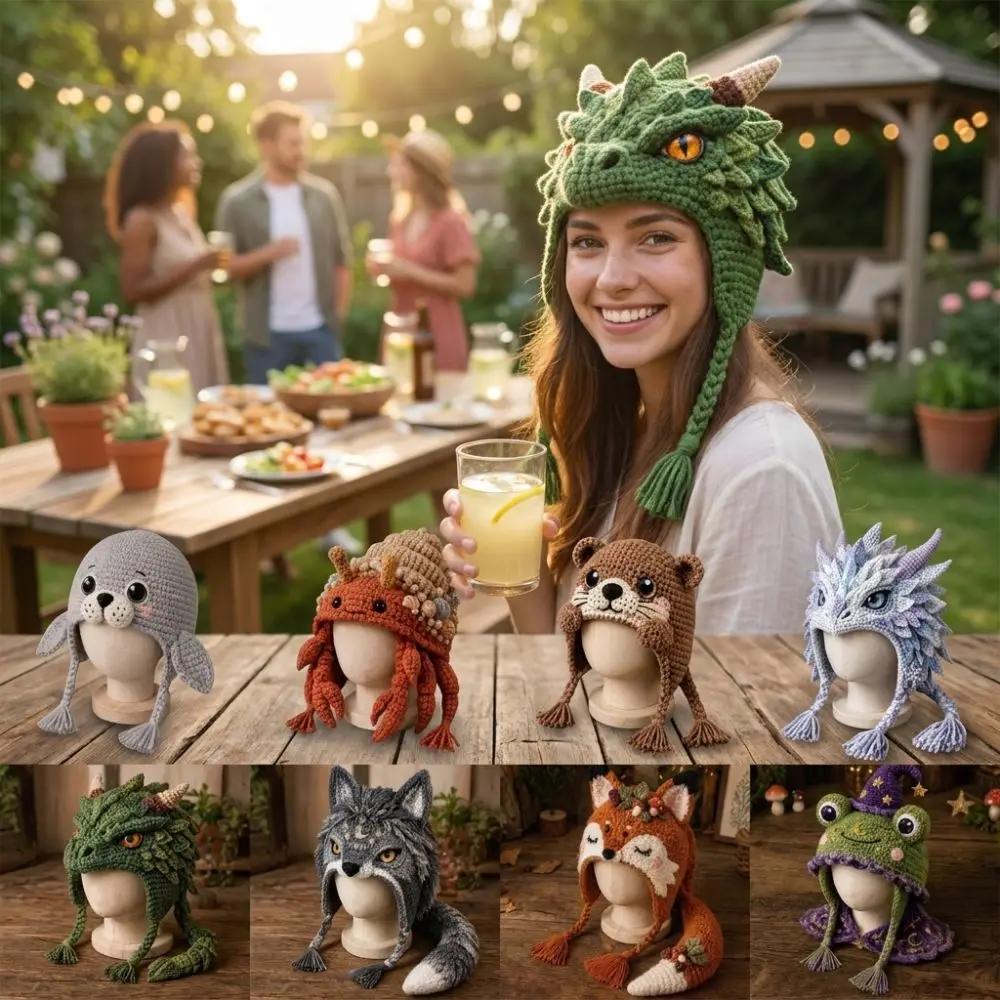 Creative Soft Yarn DIY Hand Crochet Hat Kit Warm Funny Dragon Wolf Frog Hat Adorable with Tassels Cosplay Crochet Cat Home Craft