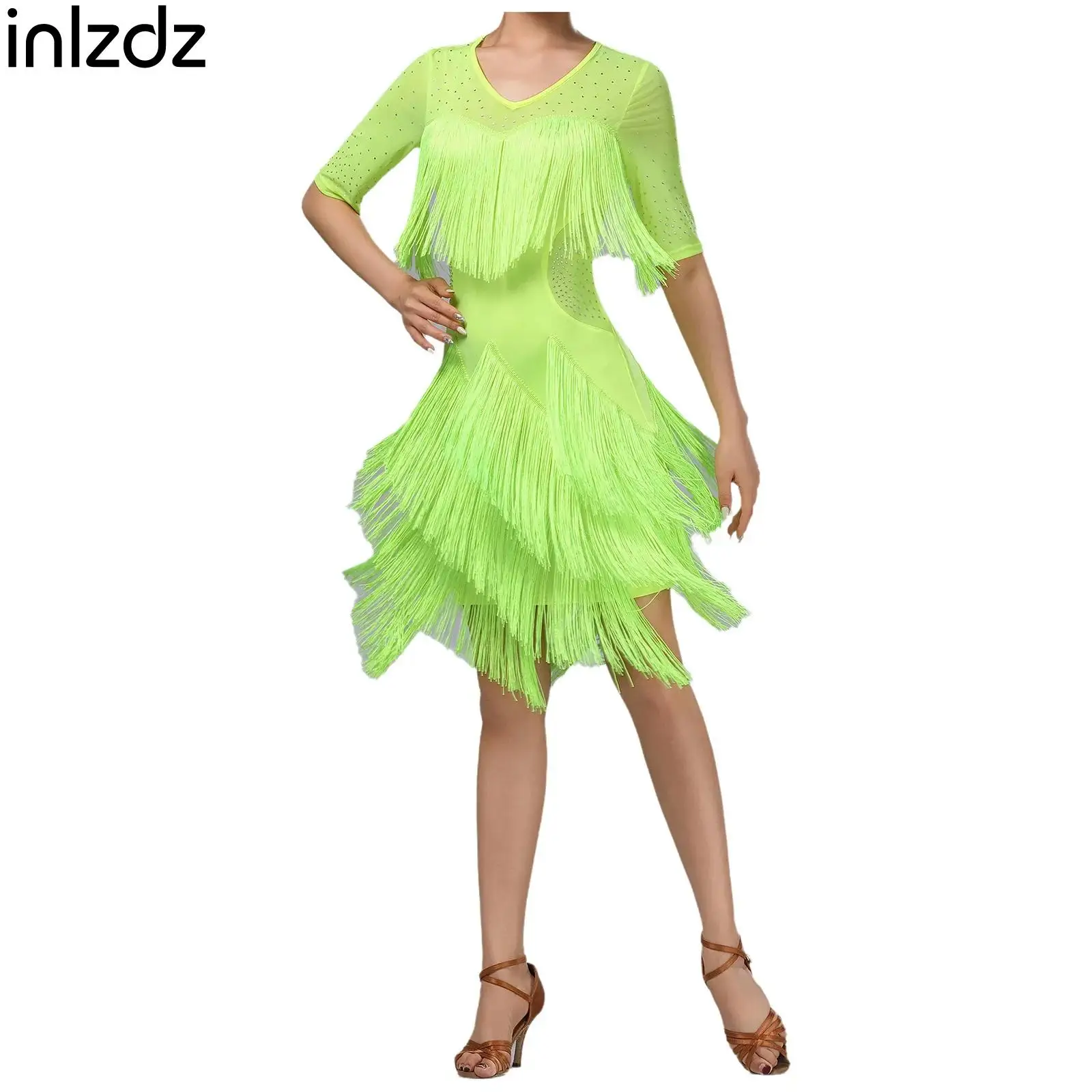 

Elegant Womens Latin Tango Tassel Dress Glittery Rhinestone Mesh Short Sleeve Irregular Hem Fringe Dress for Chacha Rumba Samba