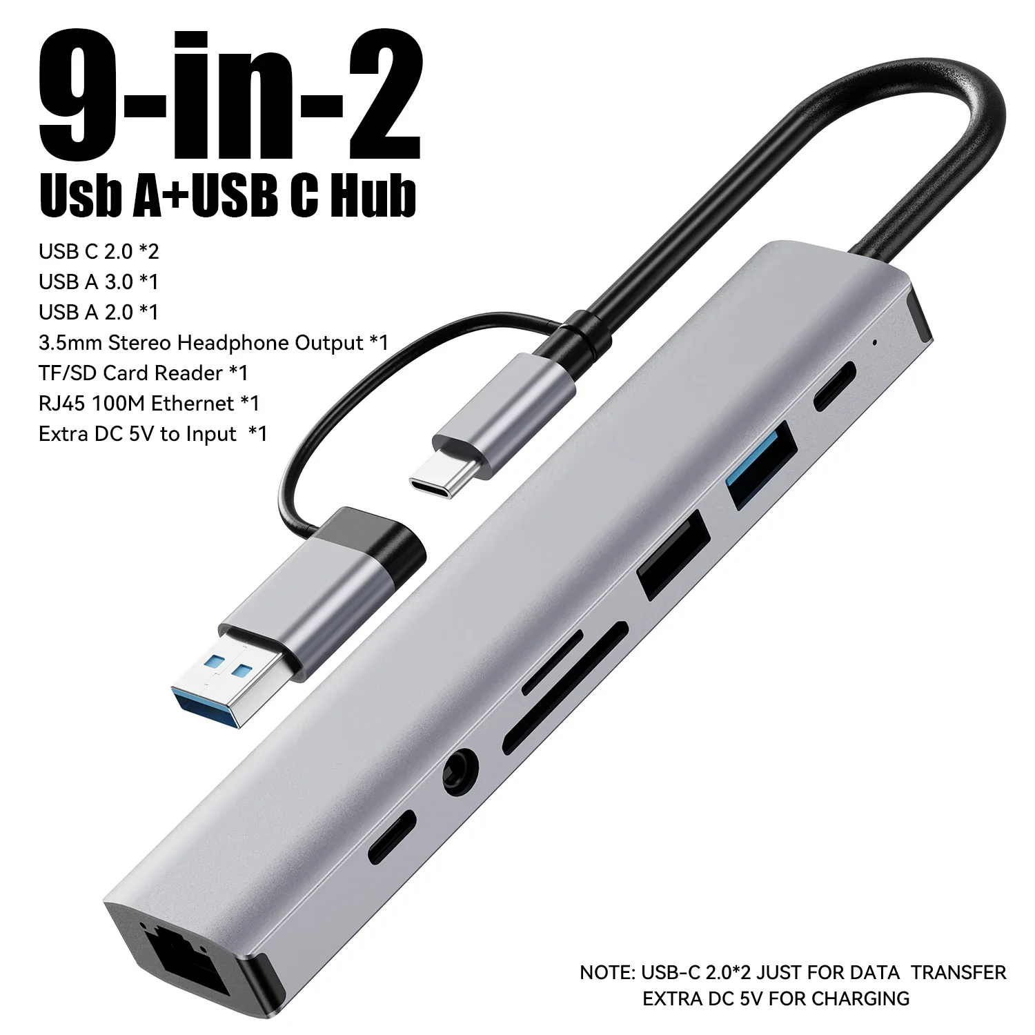 Концентратор типа C, 9-портовый концентратор с несколькими портами USB 3.0, разветвитель USB A USB C для ноутбука с удлинителем порта питания типа C для ноутбука, ПК, настольного компьютера