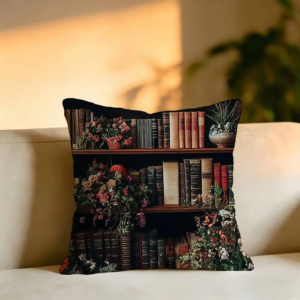 Book Shelf  Pattern Pillow Case Square Double-Sided Sofa Cushion Cover Bedroom Bedside Pillow