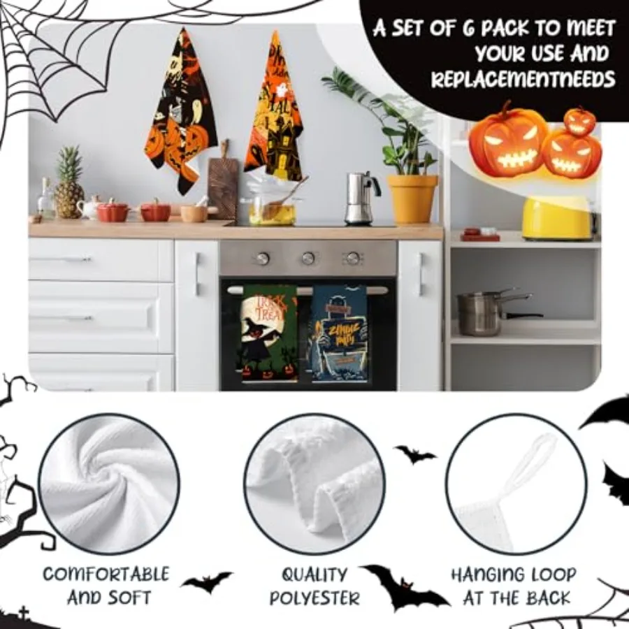 اليقطين شبح هالوين مناشف المطبخ 6 قطعة بو هالوين مناشف الأطباق ماصة خدعة أو علاج منشفة اليد الديكور مجموعة ل H