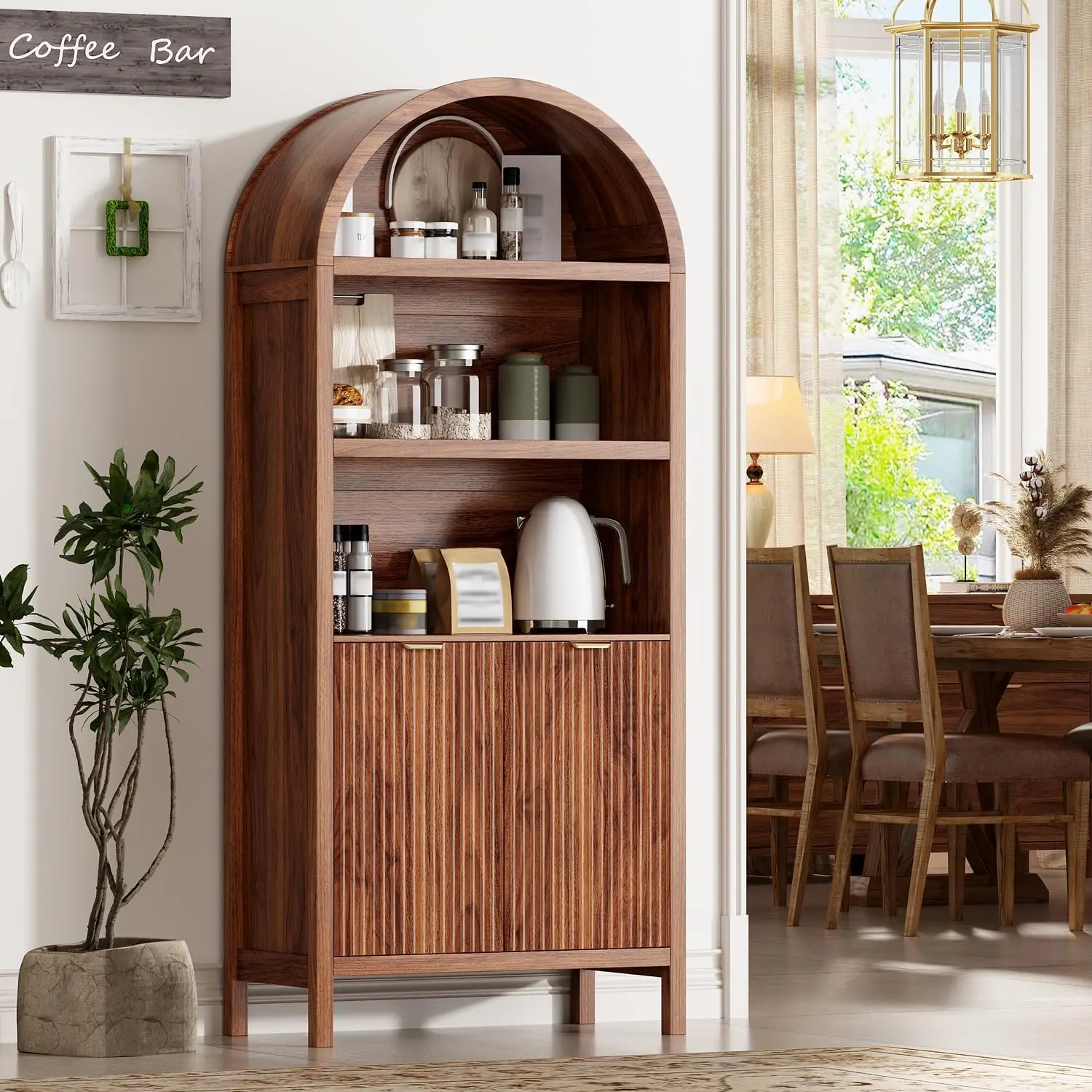 

71" Tall Arched Kitchen Pantry,Modern Fluted Wood Storage Cabinet with Doors,Adjustable Shelves,Organizer, Versatile Cupboard fo
