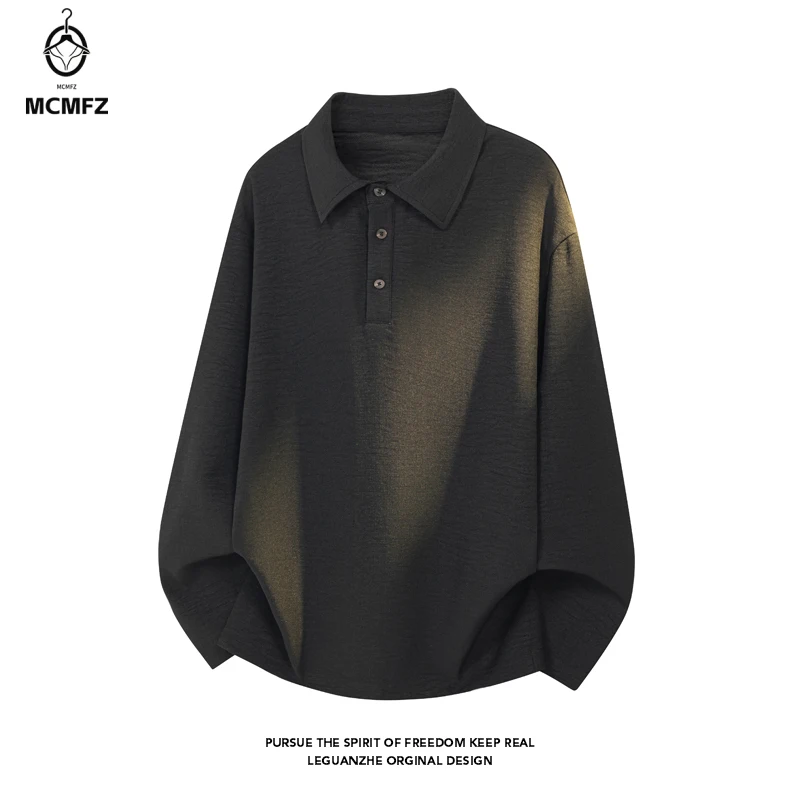 Male Multi Scene Heather Textured Long Sleeve Polo Shirt Lapel Collar Half Button Lightweight Weave For Holiday Styling