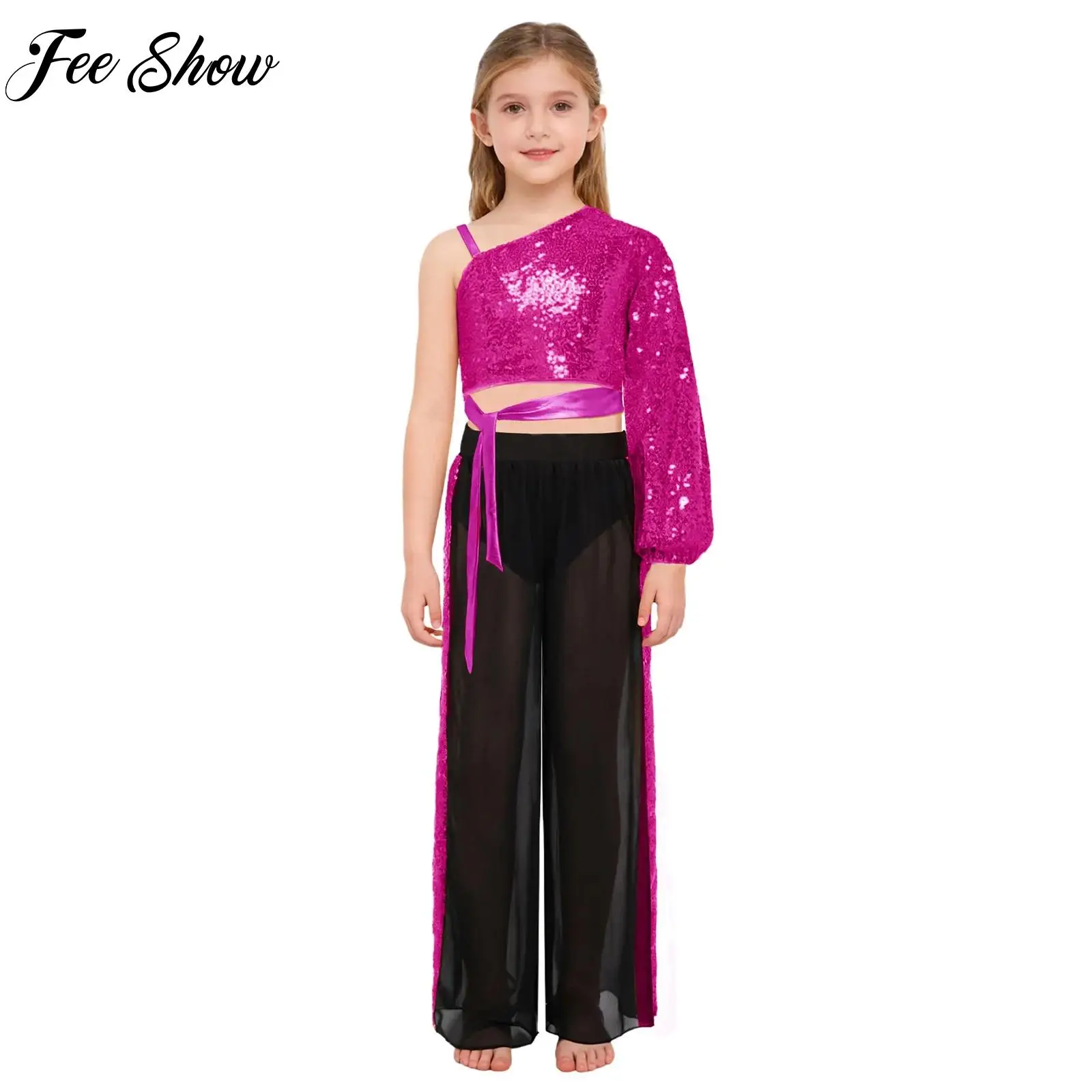 

Child Girls Lyrical Modern Dance Sets Kids Shiny Sequins One Shoulder Long Sleeve Crop Top+Pants Suit for Performance Party