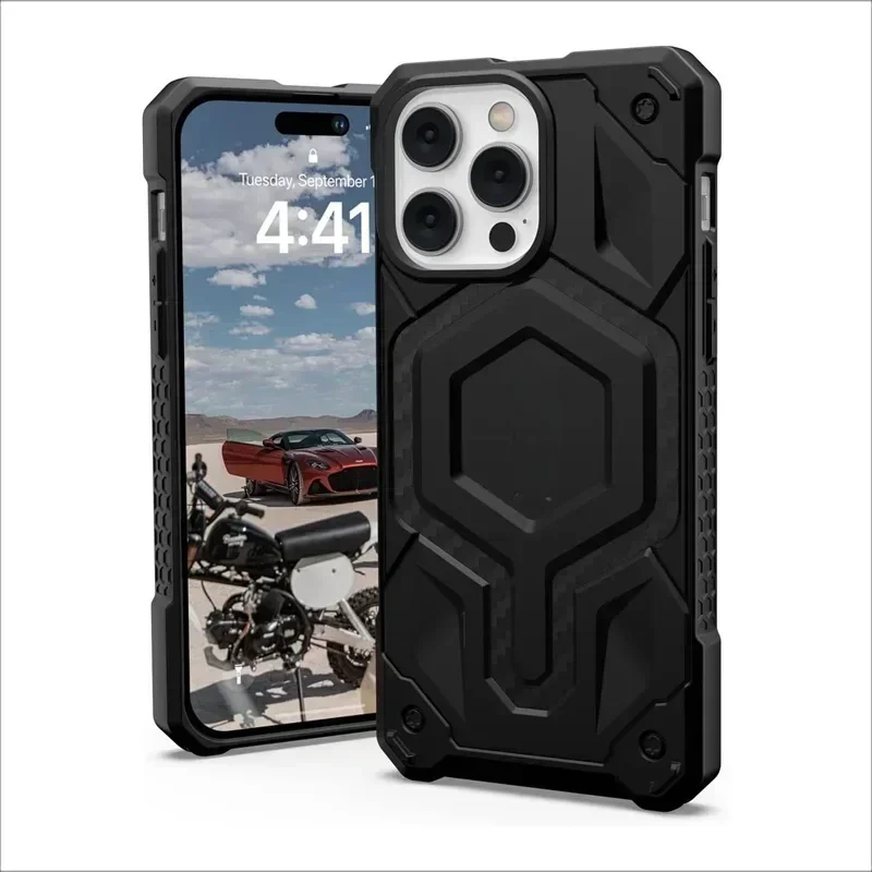 Armor Hard Rugged Case U-AA-G Monarch Carbon Fibre Compatible with MagSafe Case for IPhone 16 Pro Max 13 14 15 Plus Phone Case