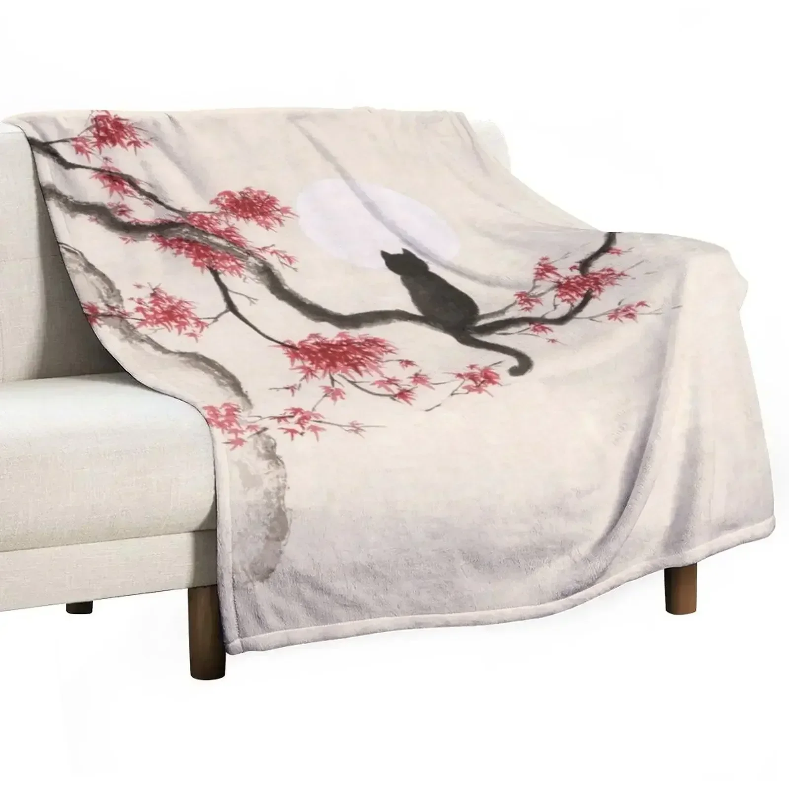 Painting of a black cat sitting on maple tree with red autumn leaves gazing at the full moon art print Throw Blanket