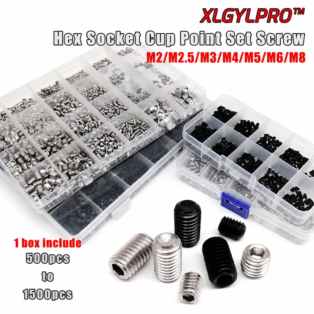 XLGYLPRO M2 M2.5 M3 M4 M5 M6 M8 DIN916 304 Stainless Steel Black Hex Hexagon Socket Allen Cup Point Grub Bolt Set Screw Kit Box