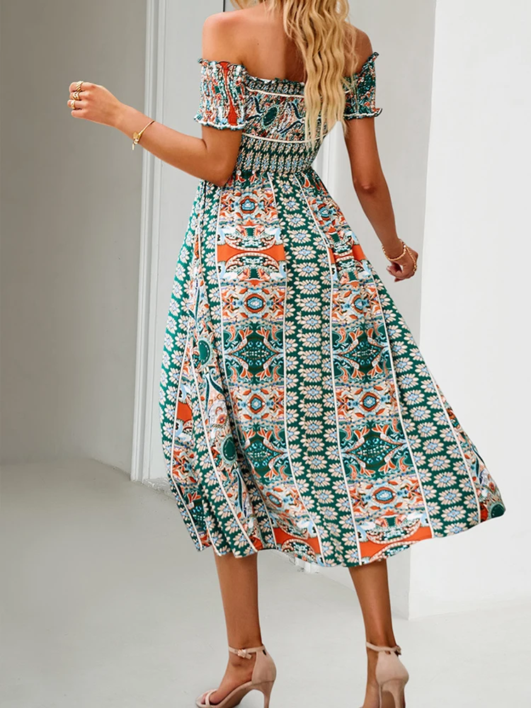 Boho Lange Jurk Vrouwen Zomer Print Korte Mouw Vakantiejurken Dames Sexy Off Shoulder Strandjurk Dames Bandage Vestidos