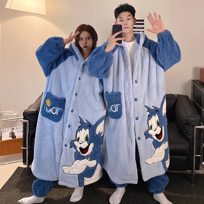 

Женские пижамы в стиле аниме «Том и Джерри», плюшевые пижамы для пар, зимние длинные стильные утепленные мужские повседневные домашние комплекты с капюшоном с героями мультфильмов