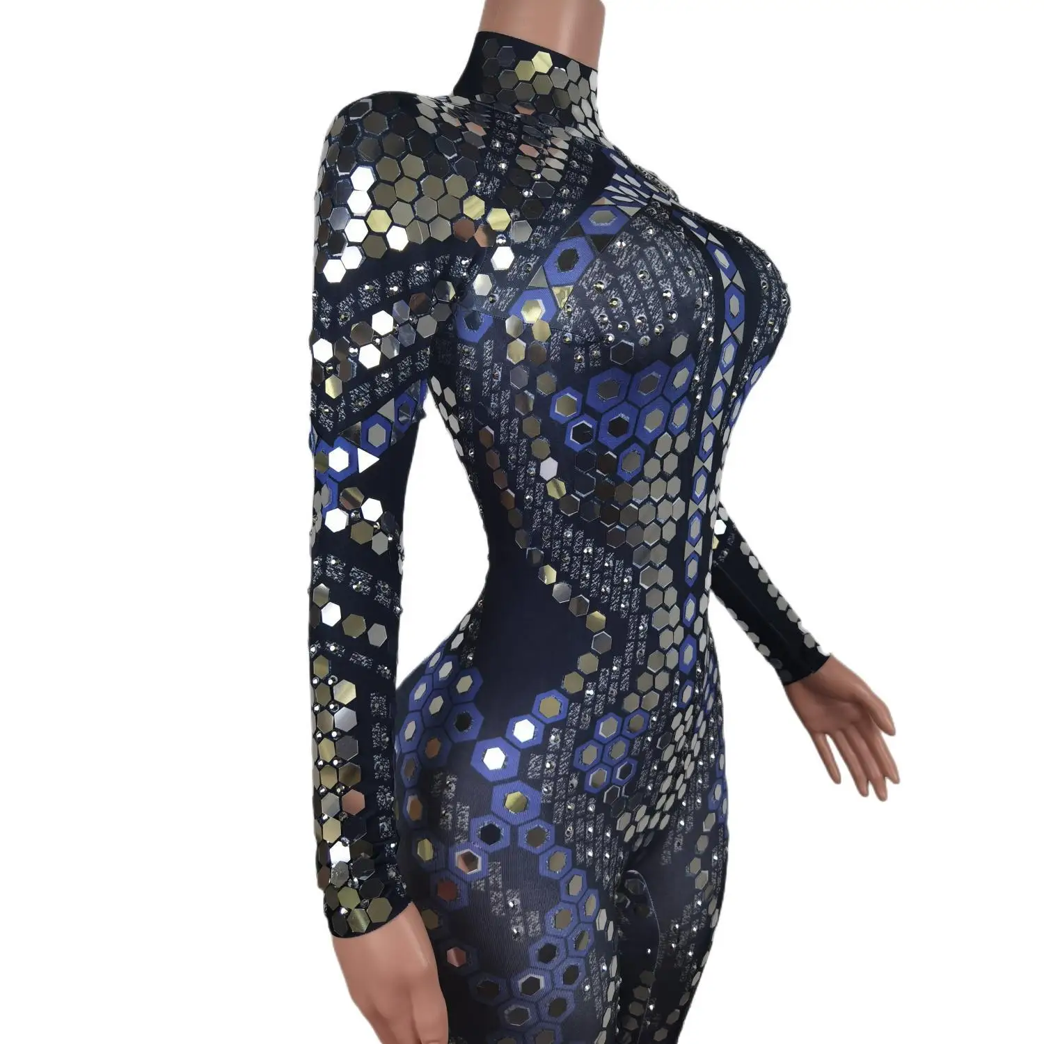 Fashion Long Sleeve Rhinestone Sequin Bodysuits Plus Size Spandex Dancer Leotard Bodycon Rompers Women Party One Piece Jumpsuits