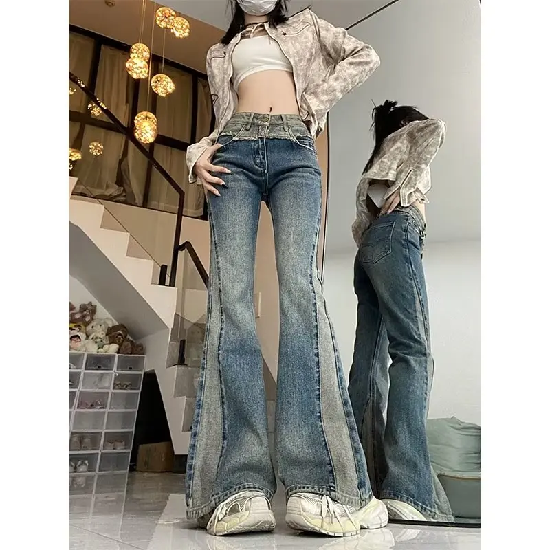 Y2K Style Jeans Women's High Street Blue Jeans with Retro High Street Straight High Waisted Mop Micro-Pants