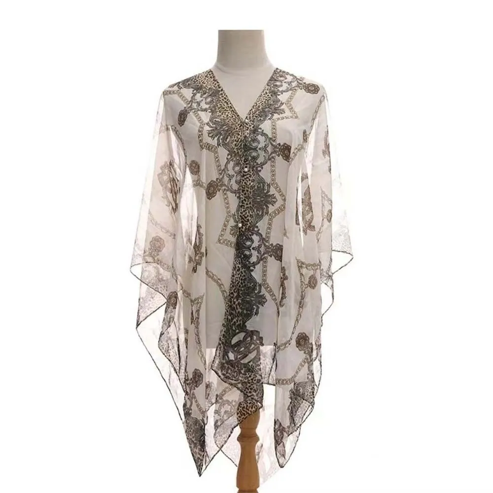 

Breathable Big Chain Printed Shawl Long with Buckle Sunscreen Thin Large Scarf Lightweight Polyester Seaside Vacation Cloak