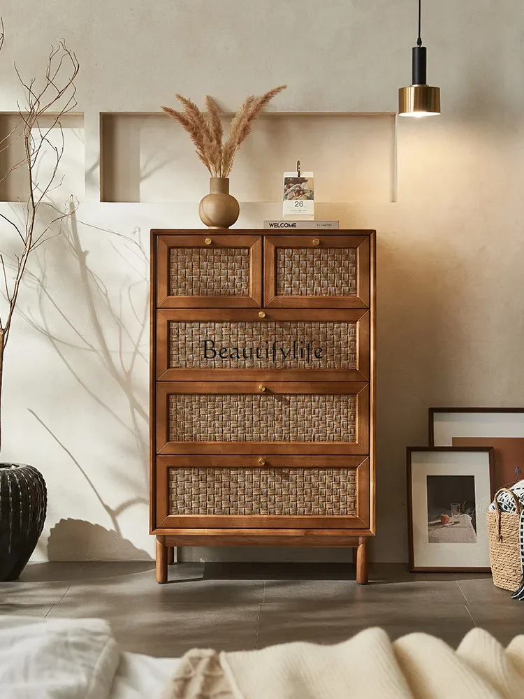 Solid wood rattan four chest cabinets, simple modern medieval drawers for storage, Japanese-style porch cabinets