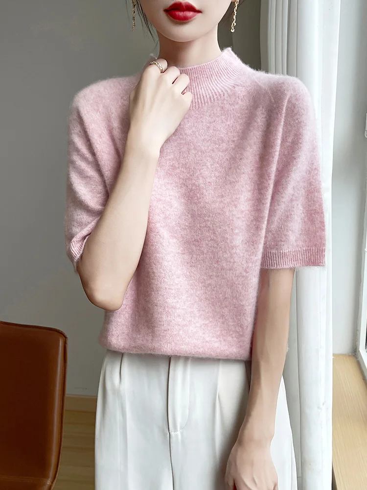 Short Sleeve Women Sweater Basics 30% Merino Wool Female Knitted Pullover Summer Clothing Tops Solid Casual Mock Neck T Shirts - Image 5