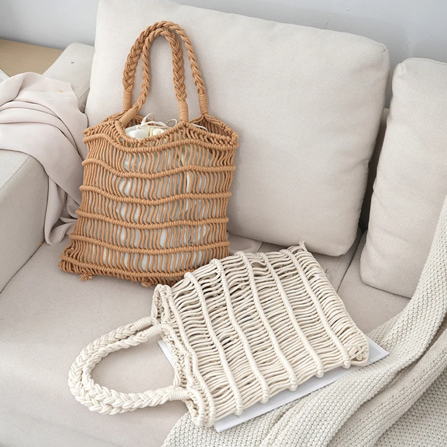 Korean ins woven clutch bag hollow out striped fishing net handbag casual women's shoulder bag holiday beach bali shopper purses