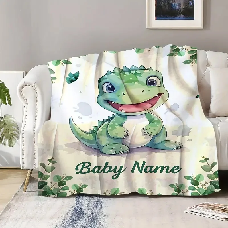 Personalized Baby Name Dinosaur Throw Blanket Keepsake Gift for Newborn Nursery Decor Cute Woodland Shower Idea Gender Neutral