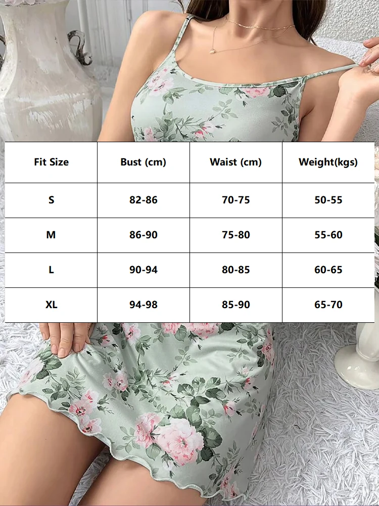 Sommer-Nachtwäsche für Damen, grünes Nachthemd mit Blumendruck, Vintage-Stil, ärmelloses Slip-Schlafkleid, atmungsaktives Nachthemd, modische Heimkleidung – Detail 1