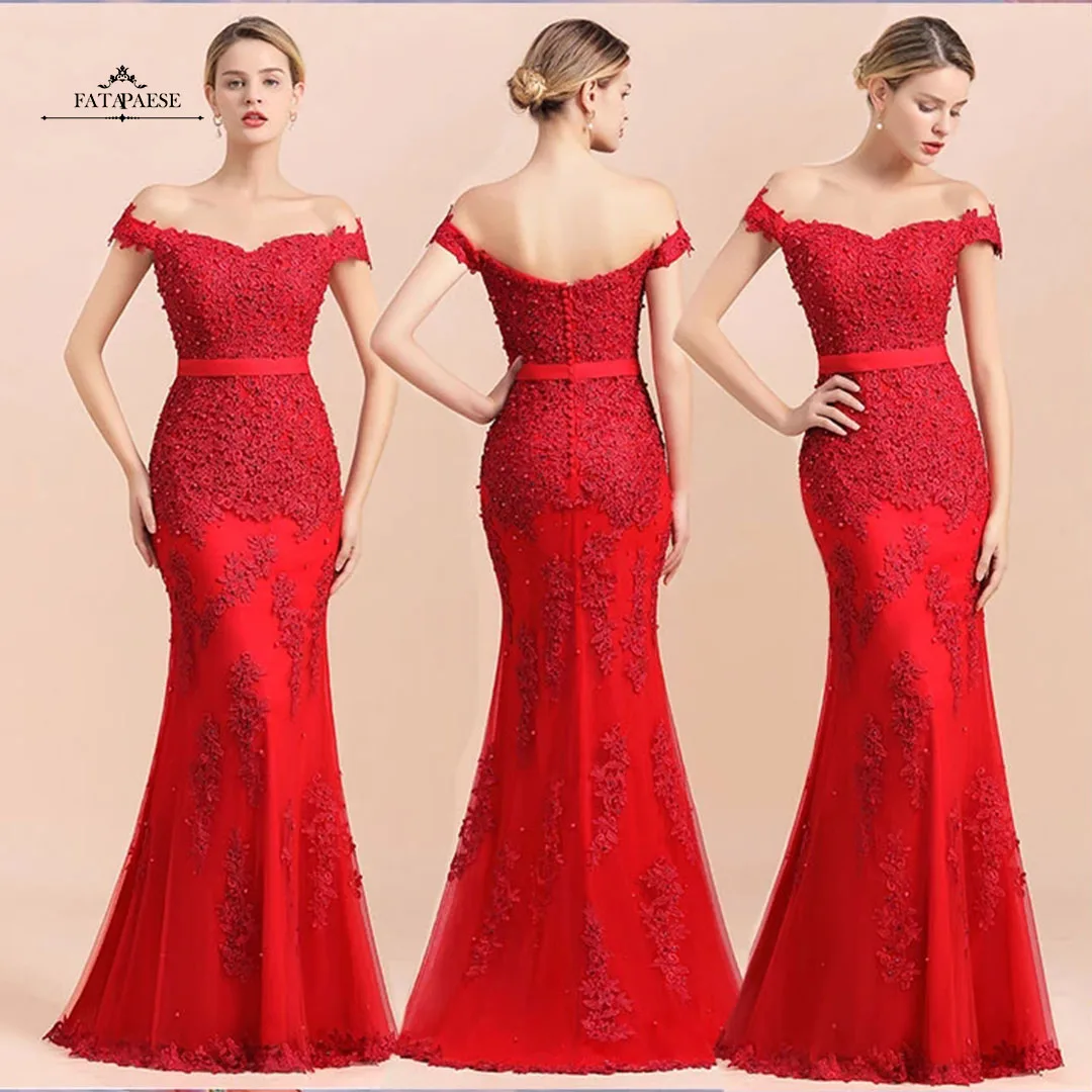 FATAPAESE Red Backless Evening Dresses Off Shoulder Beading Mermaid Evening Gowns Lace Formal Dress For Party Robe De Soiree