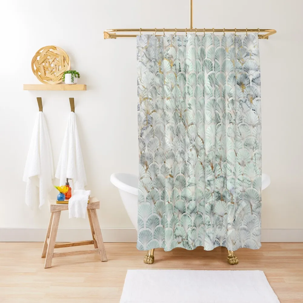 

Elegant Mint Green, Gold, and White Marble Fan Scallops Pattern Shower Curtain Window For Bathrooms Curtain