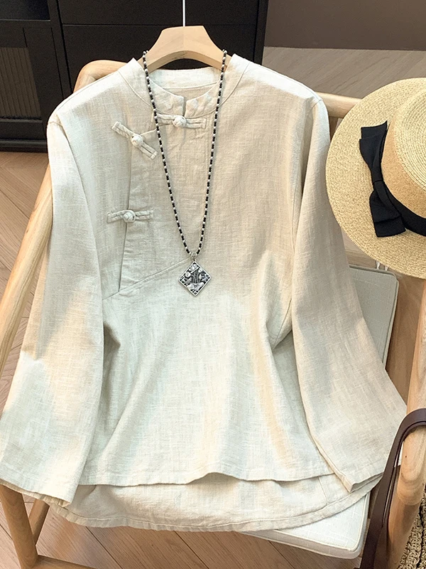 

Authentic Spring New Cotton Linen Long Sve irt Retro Button Stand Collar Oblique S Tea Costume Women's Loose Fit Top