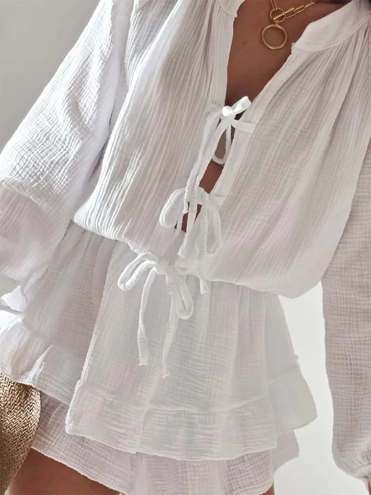 

V-neck Lace Up Ruffle Mini A-line Dress Casual Solid Lantern Long Sleeve Women Summer Short Dresses 2026 Lady Daily Street Gowns