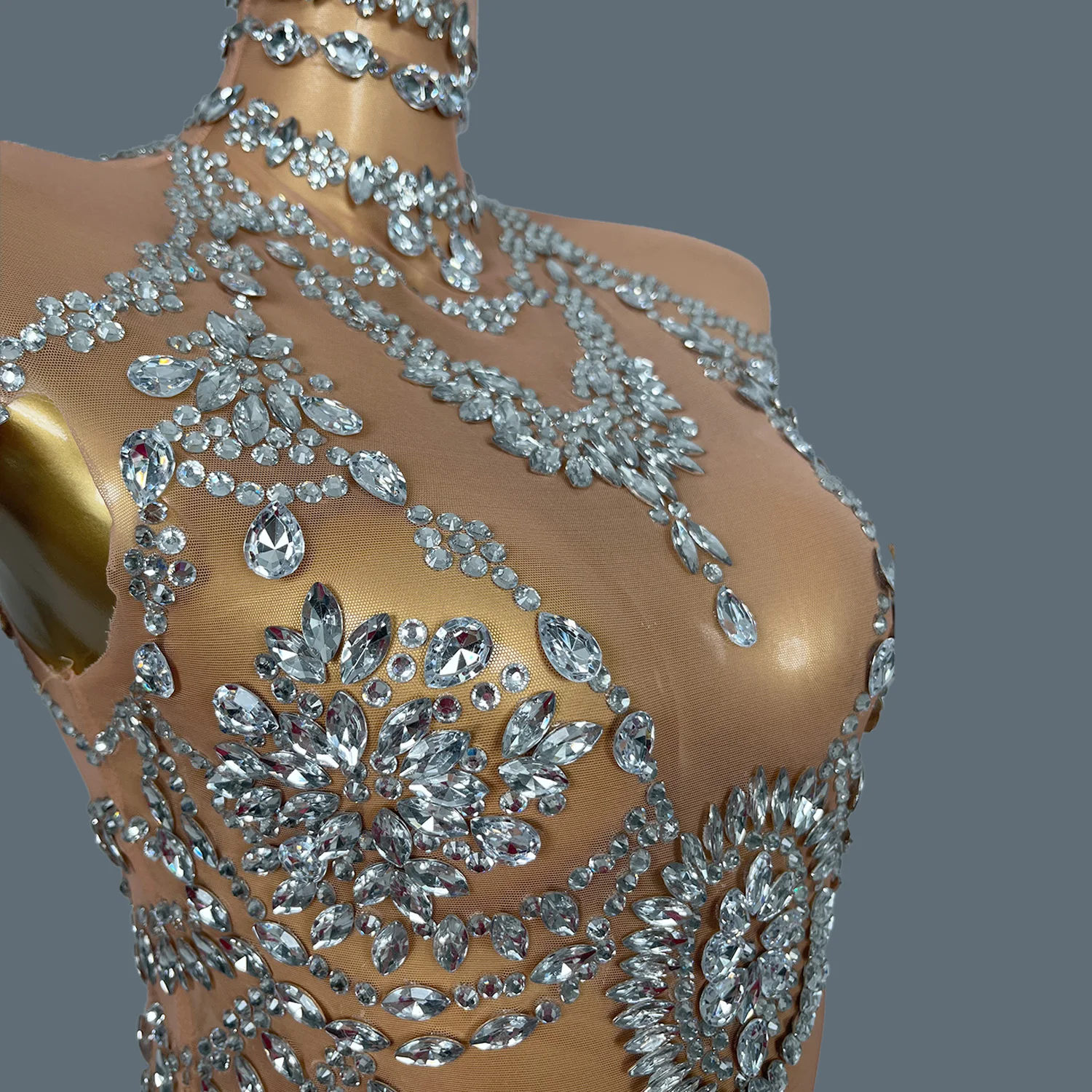 Body de diamantes brillantes para mujer, traje de baile transparente de malla Sexy, disfraz de actuación, cantante, fiesta, Club, espectáculo, ropa de escenario Wuniang