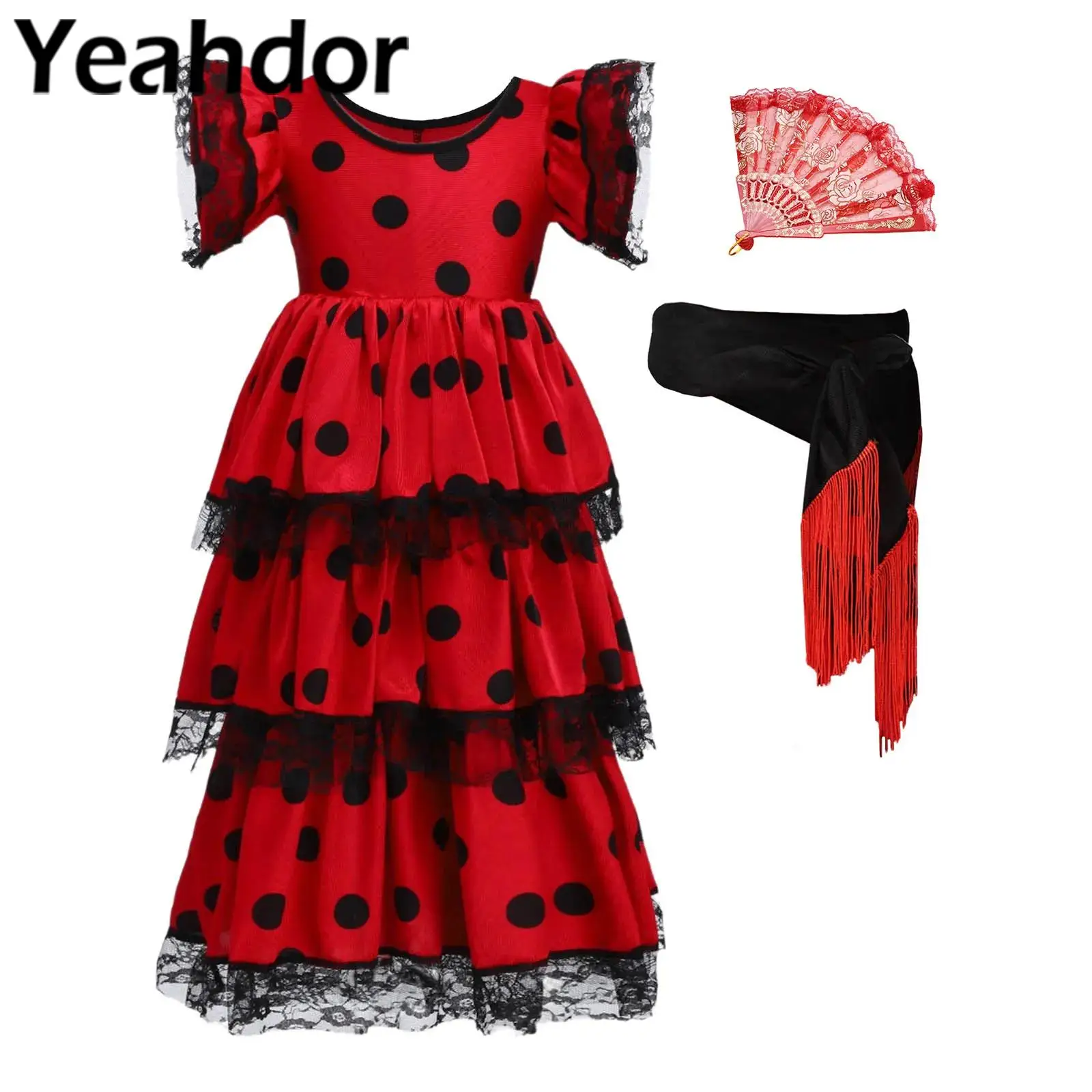 Vestido de baile Flamenco español para niñas, vestido de fiesta de Halloween con mangas voladoras, falda y cinturón con volantes de lunares negros
